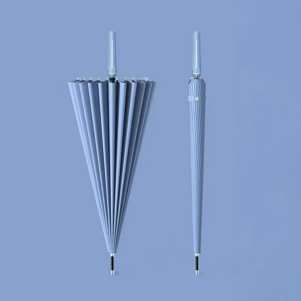 The 24-rib storm proof long handle umbrella in blue, showing open and closed profiles.