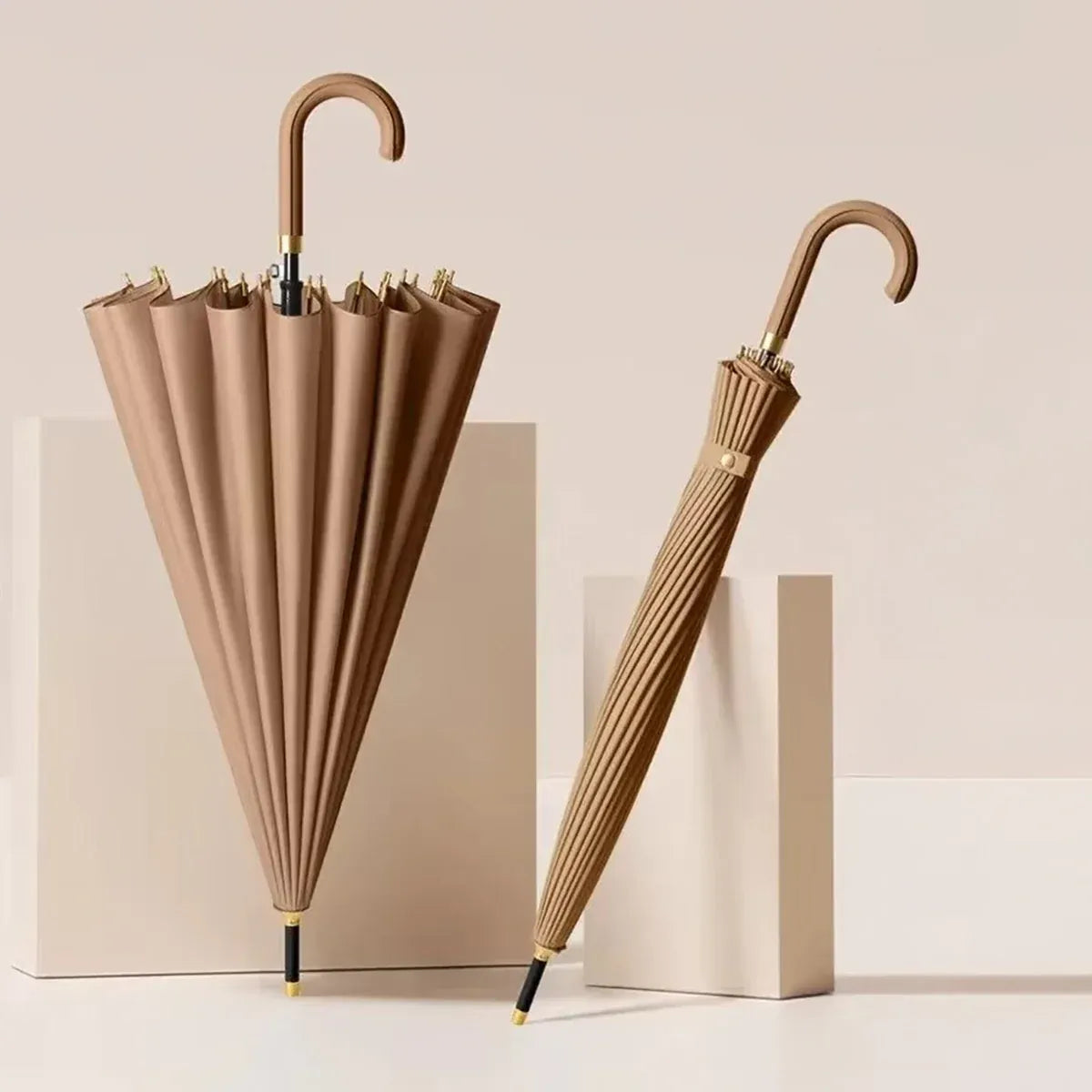 The 24-rib ladies storm proof umbrella with a leather crook handle in a warm khaki brown color.