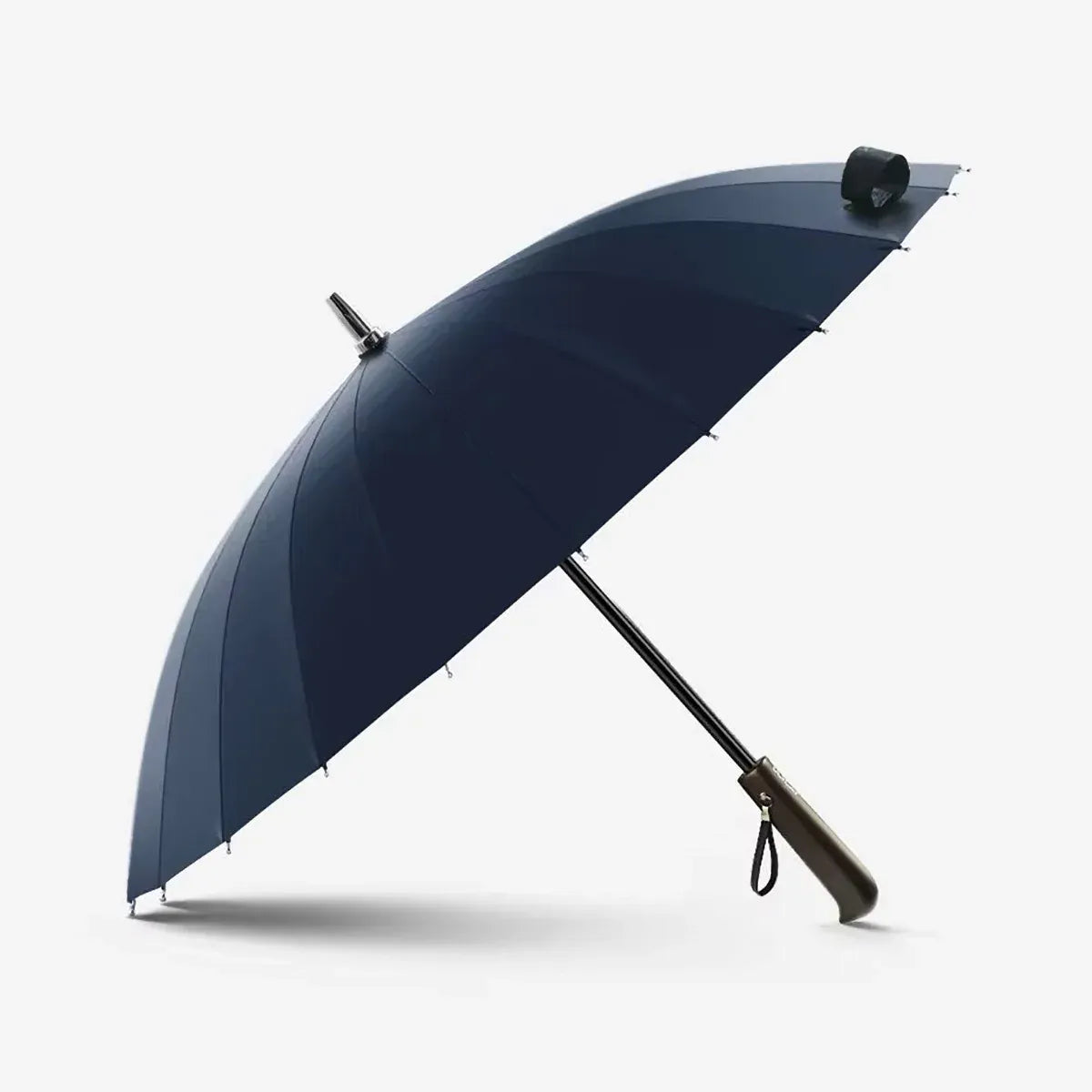 The 24-rib windproof stick umbrella in navy blue, featuring a classic natural wood handle.