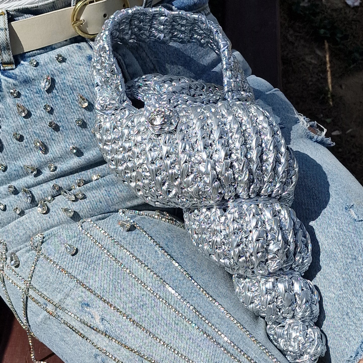 Luna model gümüş ay rengi el yapımı örgü deniz kabuğu çanta – Exclusaro lüks ve modern tasarım