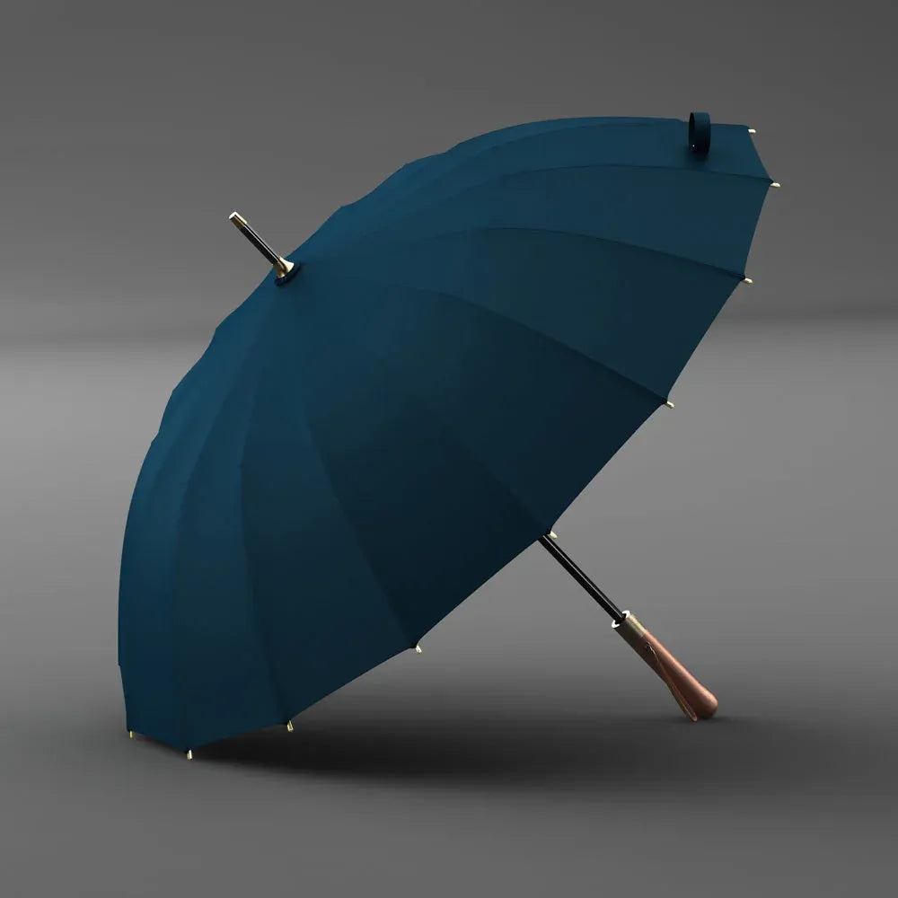 The luxury 16-rib stick umbrella with a straight wood handle, shown open in sophisticated navy blue.