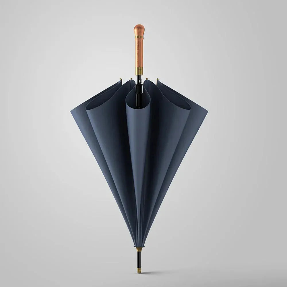 The luxury stick umbrella with an elegant straight wooden handle, shown closed in grey.