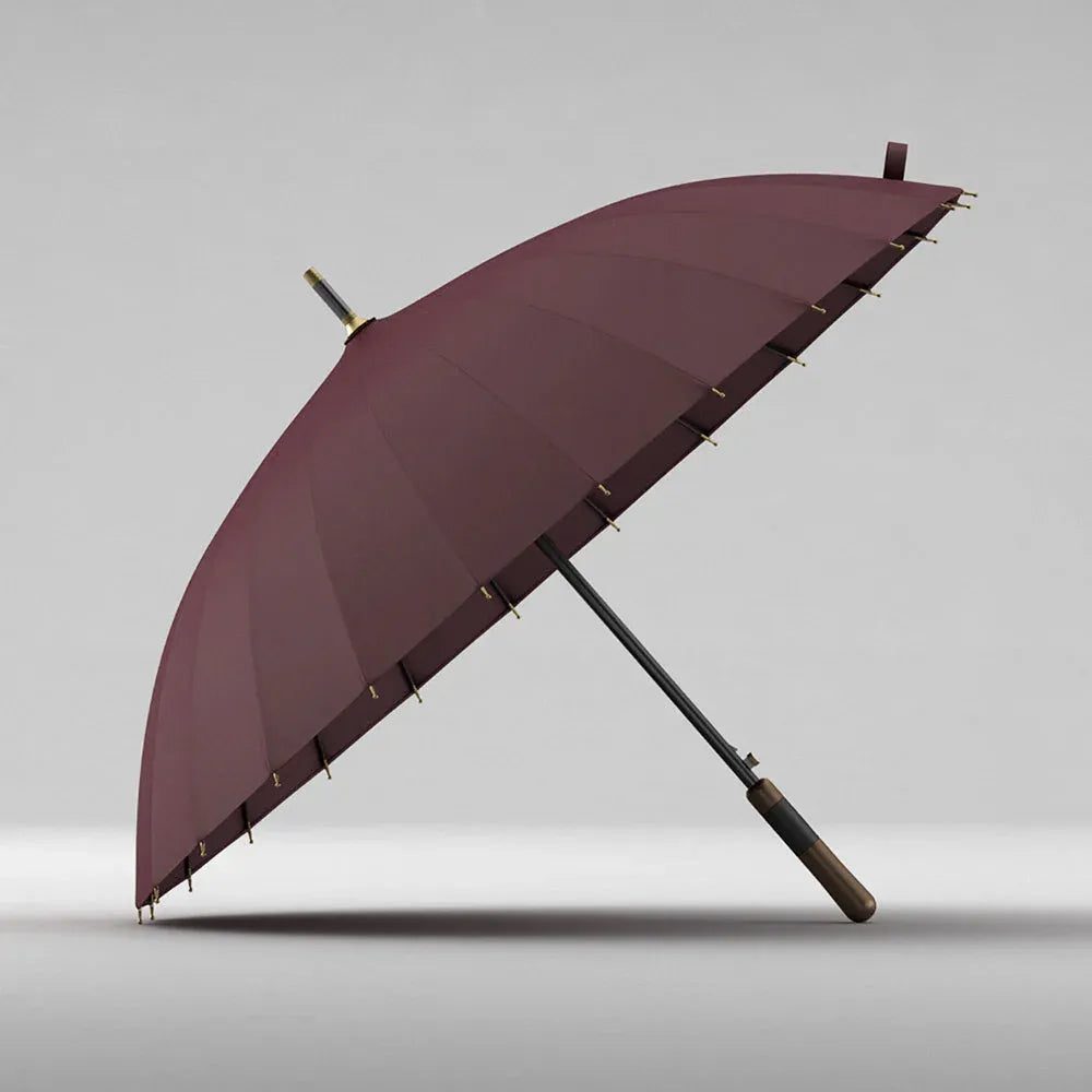 The premium 24-rib windproof stick umbrella with wood & leather handle, shown open in elegant burgundy.