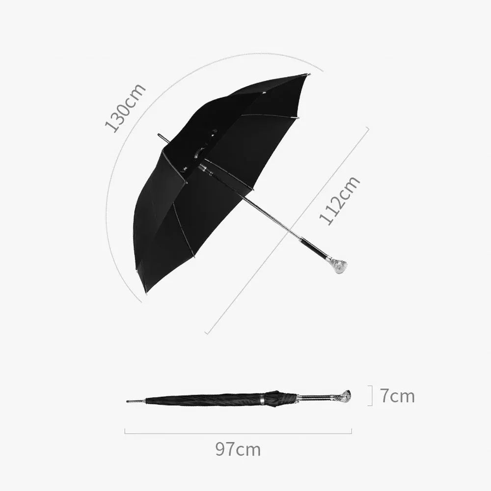A size guide showing the dimensions of the cobra head parasol: 112cm open diameter and 97cm length.