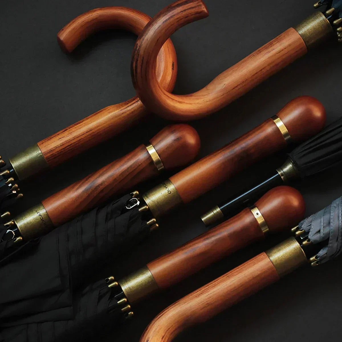 Wooden handle umbrellas offering classic aesthetics and reliable rain protection.