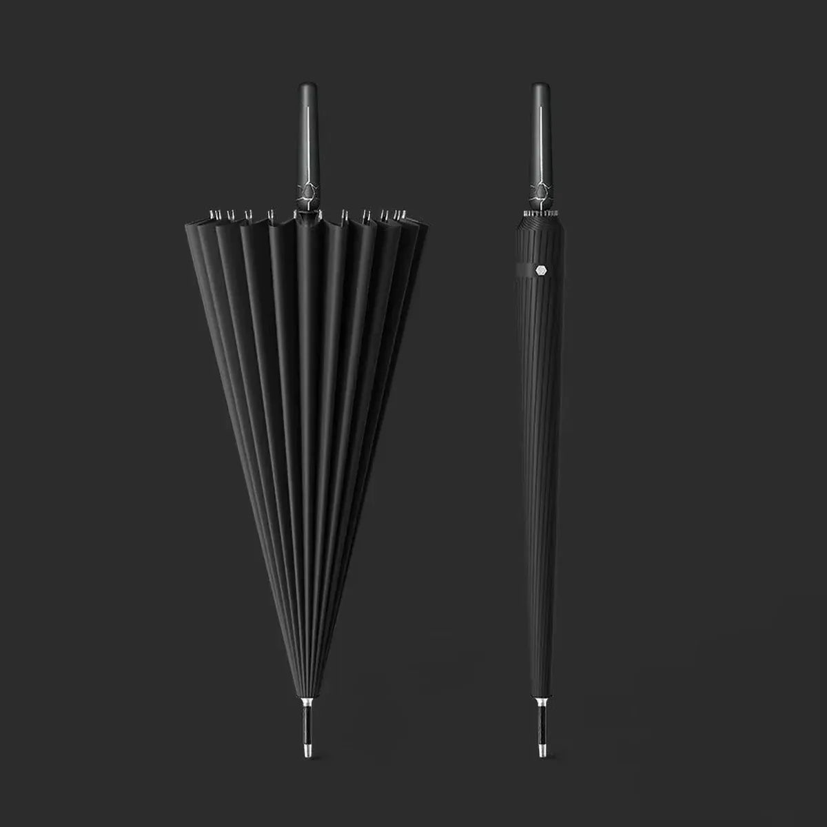 The 24-rib storm proof long handle umbrella in black, showing open and closed profiles.