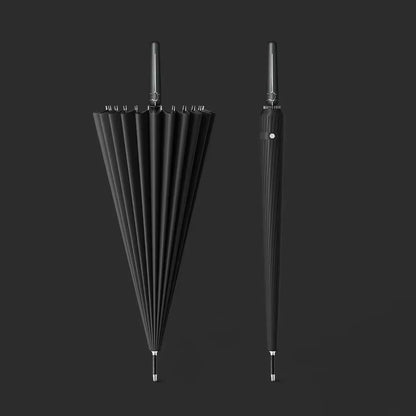 The 24-rib storm proof long handle umbrella in black, showing open and closed profiles.