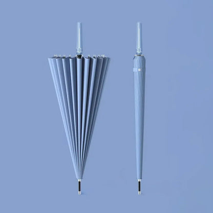 The 24-rib storm proof long handle umbrella in blue, showing open and closed profiles.