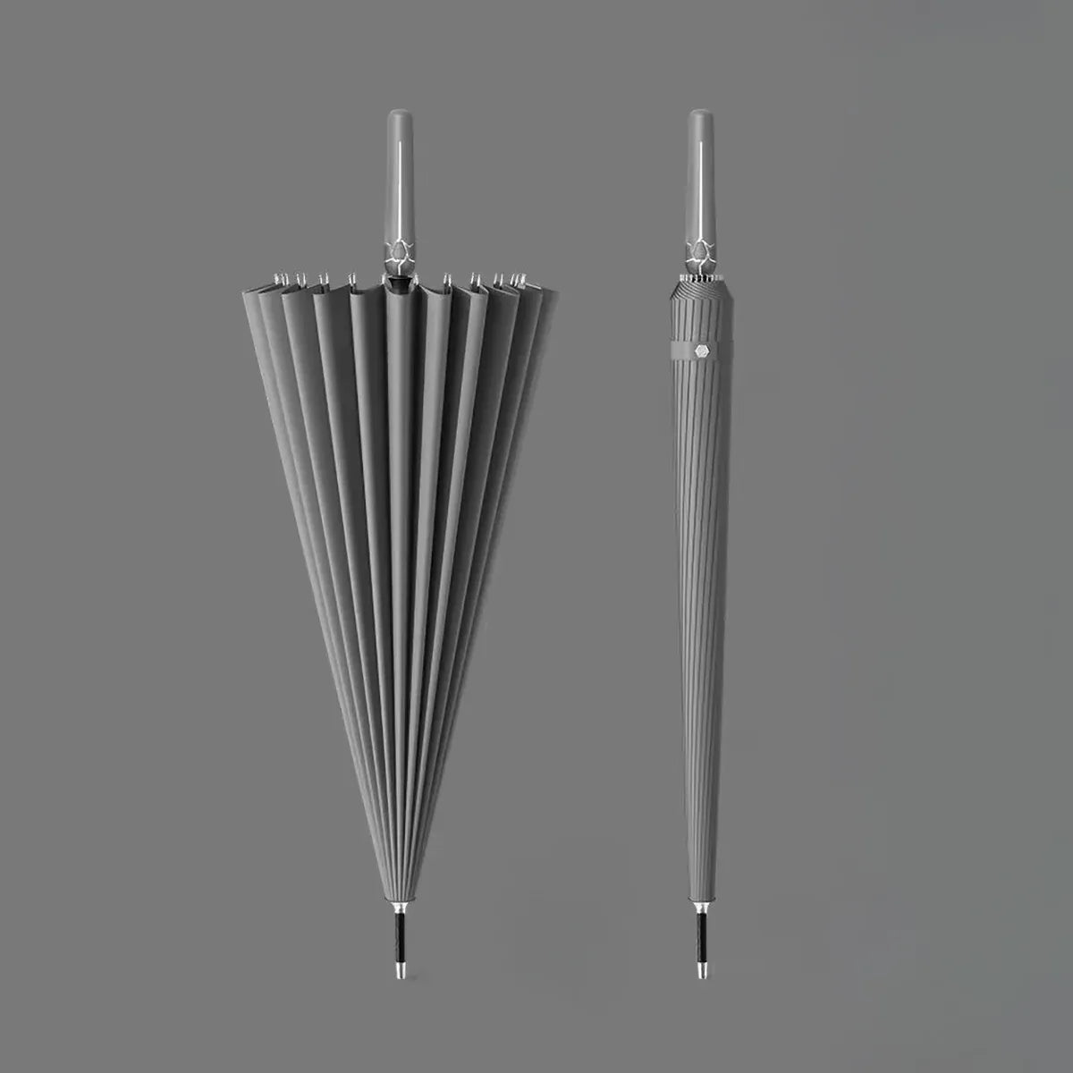 The 24-rib storm proof long handle umbrella in grey, showing open and closed profiles.