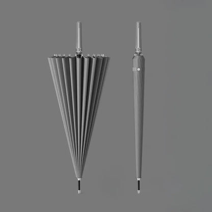 The 24-rib storm proof long handle umbrella in grey, showing open and closed profiles.