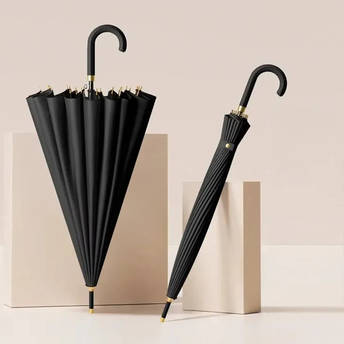 The 24-rib ladies storm proof umbrella with a leather crook handle in a timeless black color.