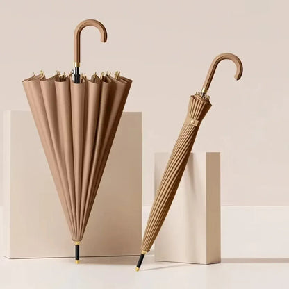 The 24-rib ladies storm proof umbrella with a leather crook handle in a warm khaki brown color.