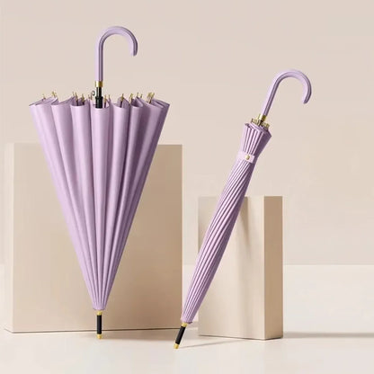 The 24-rib ladies storm proof umbrella with a leather crook handle in a beautiful lilac purple color.