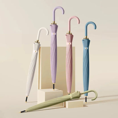 A stylish assortment of the 24-rib ladies storm umbrellas in white, lilac, pink, blue, and sage green.
