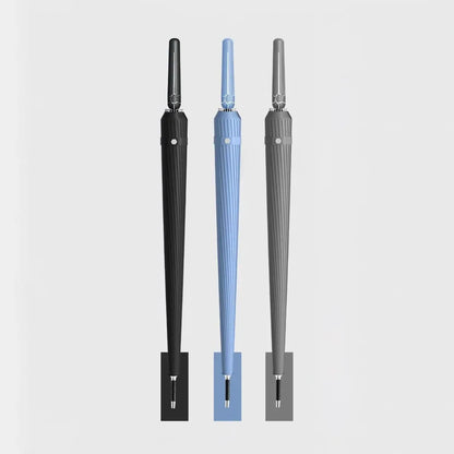 The 24-rib long handle storm umbrella shown in black, blue, and grey color options, side-by-side.