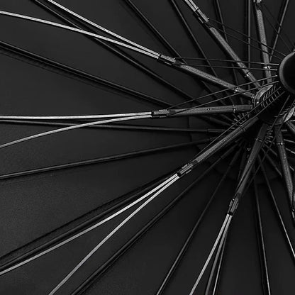 View from underneath the canopy of the 24-rib storm proof umbrella, showing the fiberglass frame.