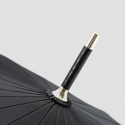 Close-up view of the top ferrule tip of the closed 24-rib umbrella.