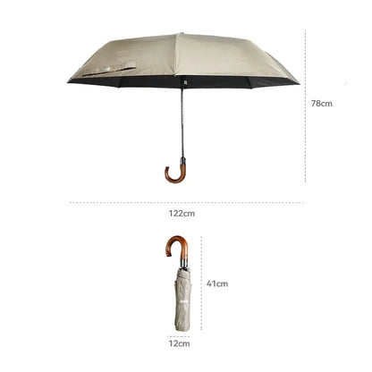 A size guide showing the dimensions of the automatic folding umbrella: 122cm open diameter and 41cm closed length.