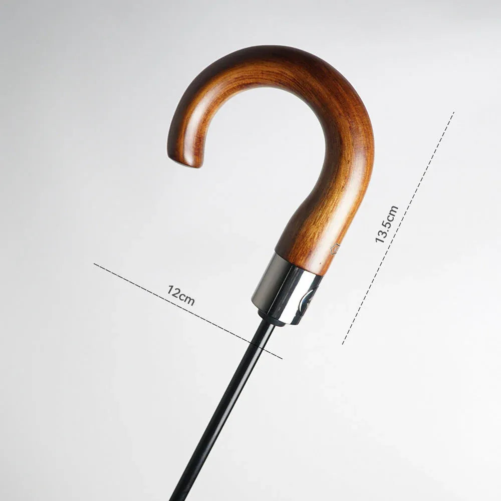 Detail shot showing the dimensions of the classic wooden hook handle on the large automatic umbrella.
