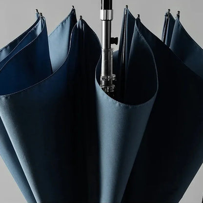 A detailed view of the semi-closed navy blue canopy, showing the durable pongee fabric and frame.