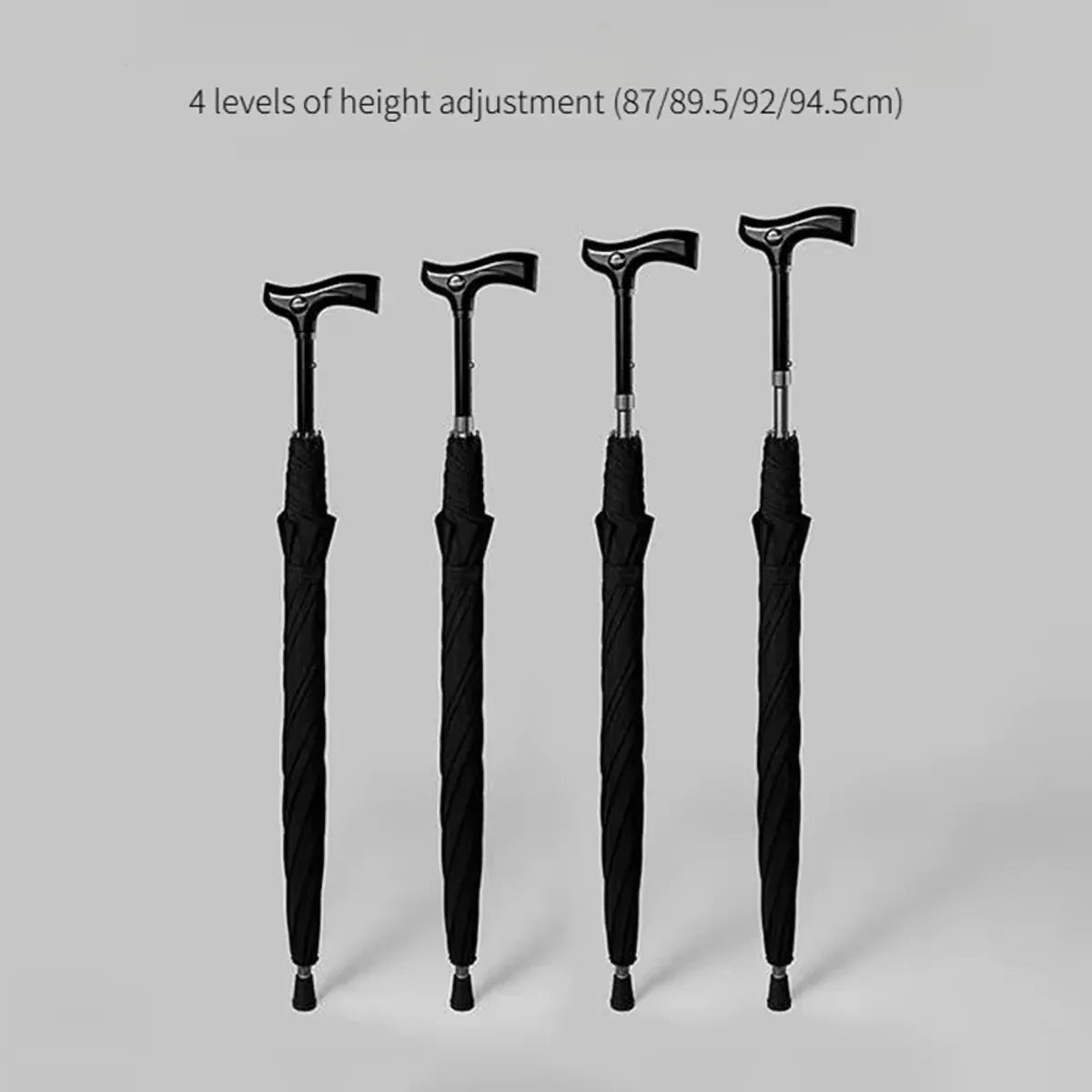 A guide showing the 4 different height adjustment levels of the walking stick umbrella, from 87cm to 94.5cm.