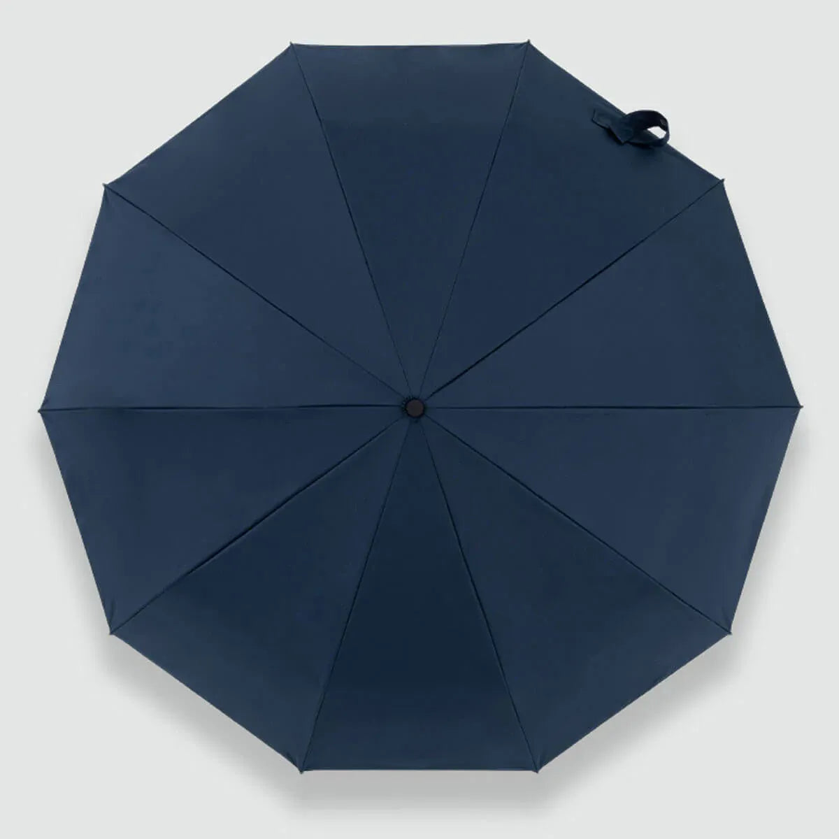 Top-down view of the open navy blue canopy, showing the symmetrical 10-rib structure.