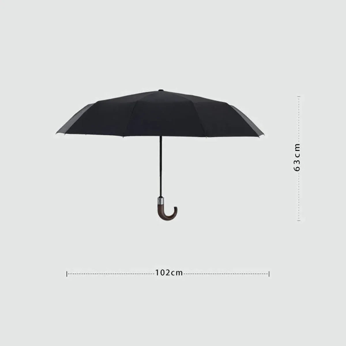 A size guide showing the dimensions of the open automatic folding umbrella: 102cm diameter and 63cm height.