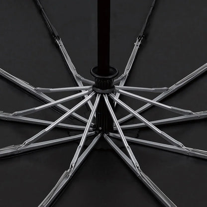 View from underneath the open canopy, revealing the 10-rib windproof aluminum and fiberglass frame.