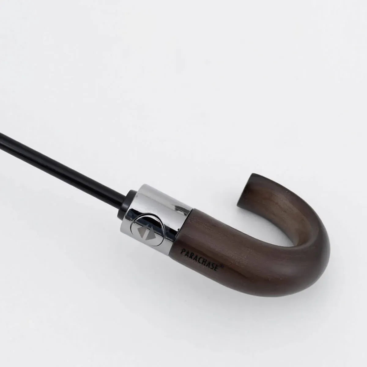 Close-up of the polished wood hook handle, showing the automatic open and close button.