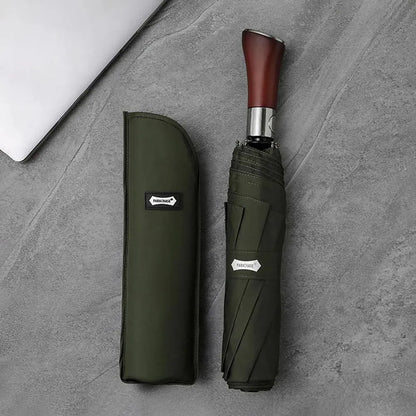The large 48-inch automatic folding umbrella in green, shown closed with its matching carrying sleeve.
