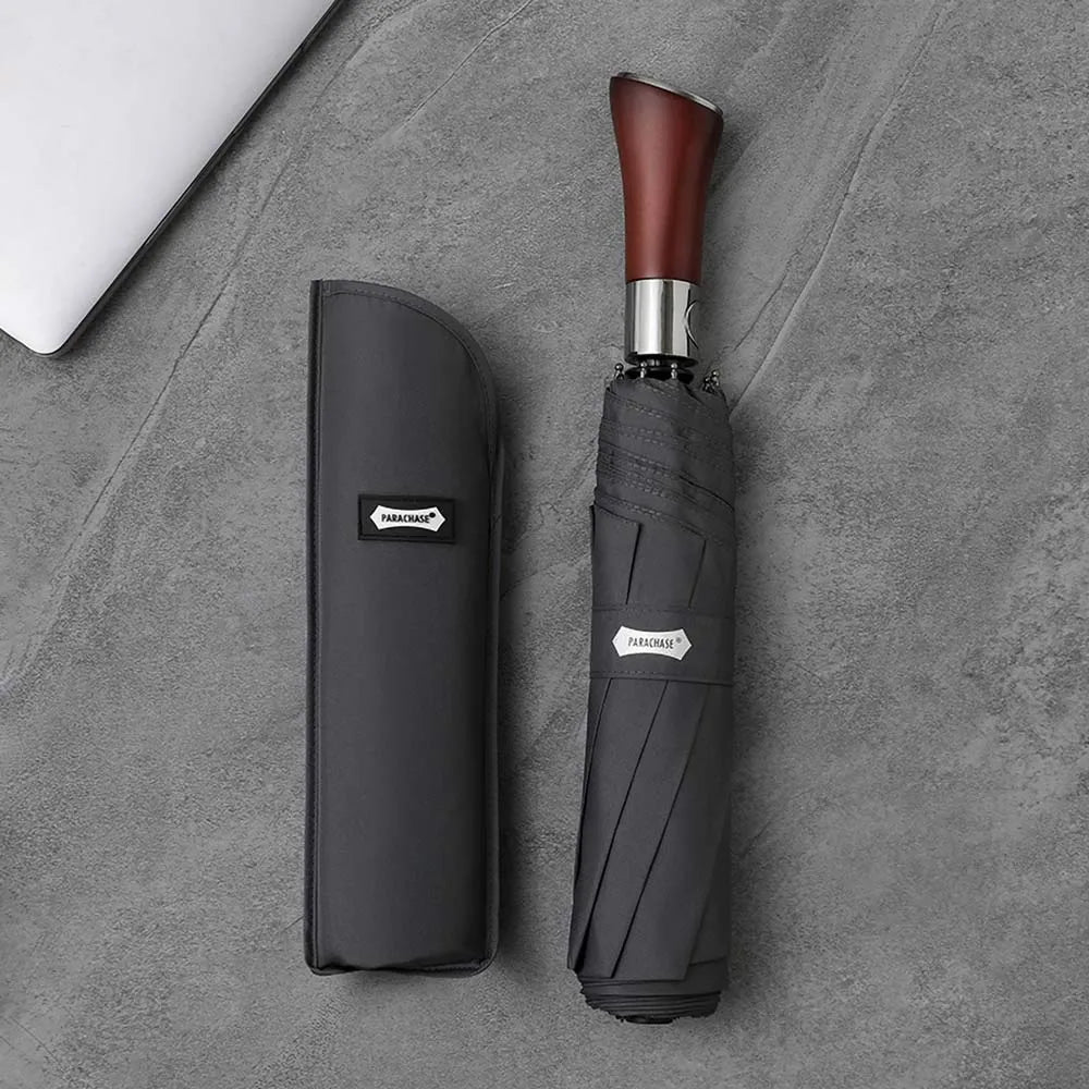 The large 48-inch automatic folding umbrella in grey, shown closed with its matching carrying sleeve.