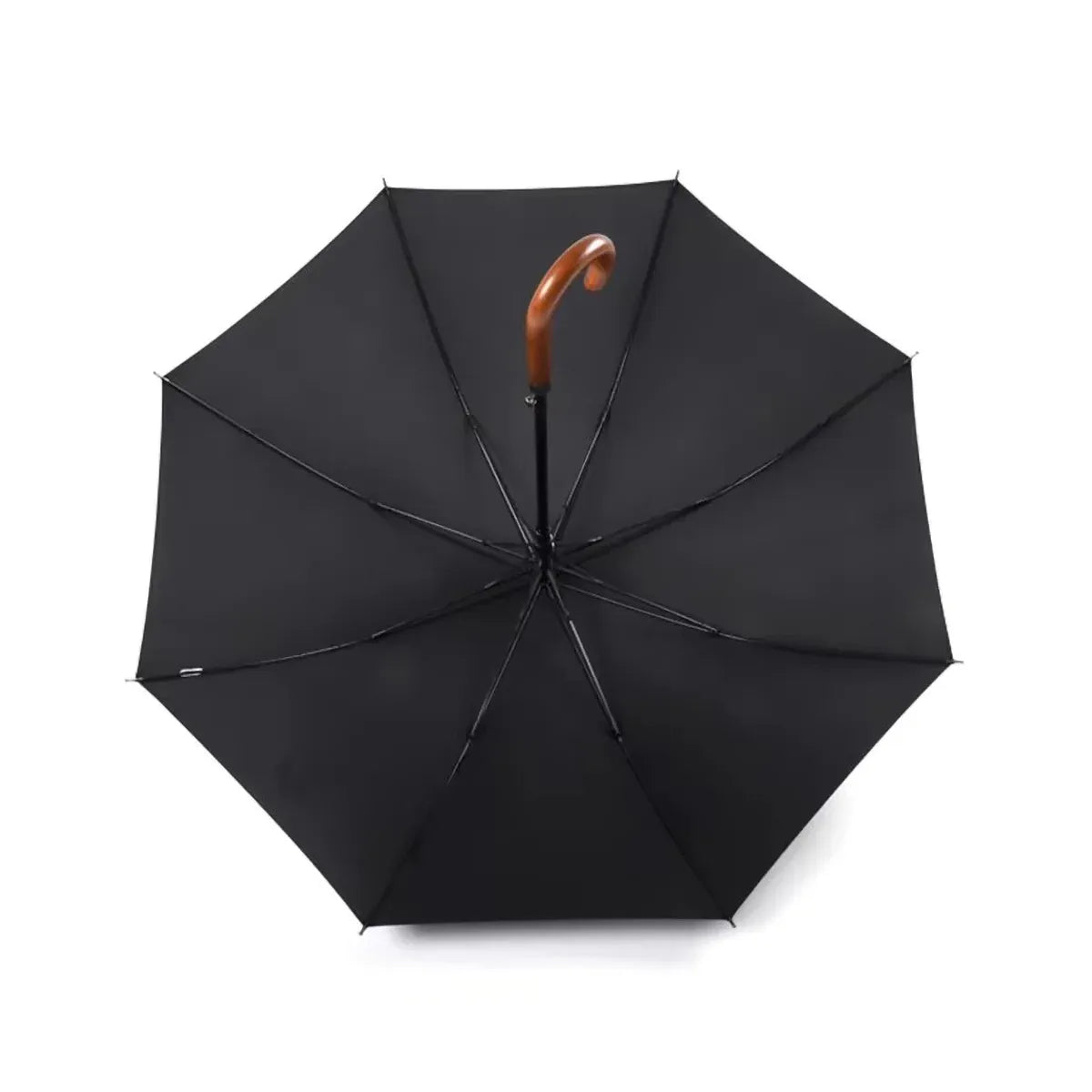 View from underneath the open black canopy, showing the 8-rib fiberglass frame and wooden handle.