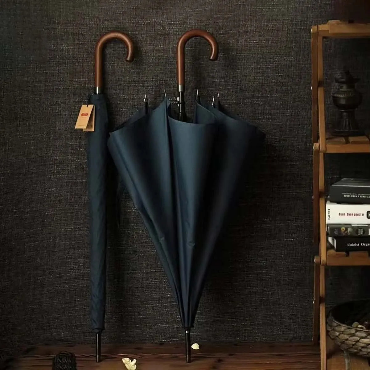 Lifestyle image of the blue classic stick umbrella shown both open and closed against a dark wall.