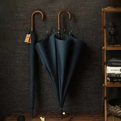 Lifestyle image of the blue classic stick umbrella shown both open and closed against a dark wall.