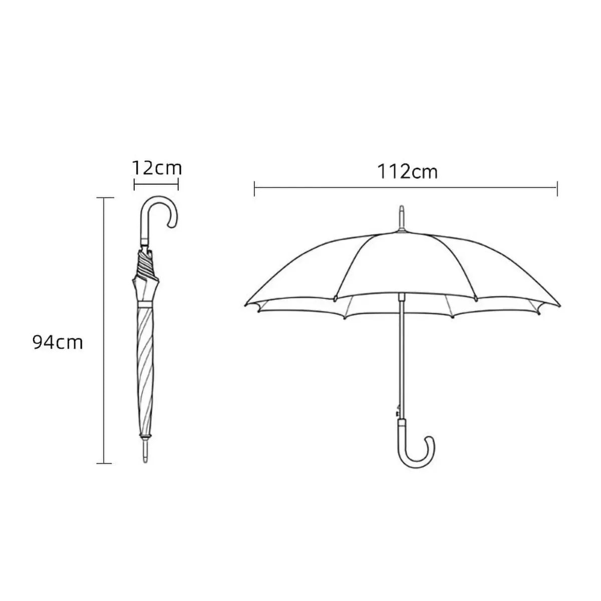 A technical drawing showing the dimensions of the classic stick umbrella: 112cm diameter and 94cm length.
