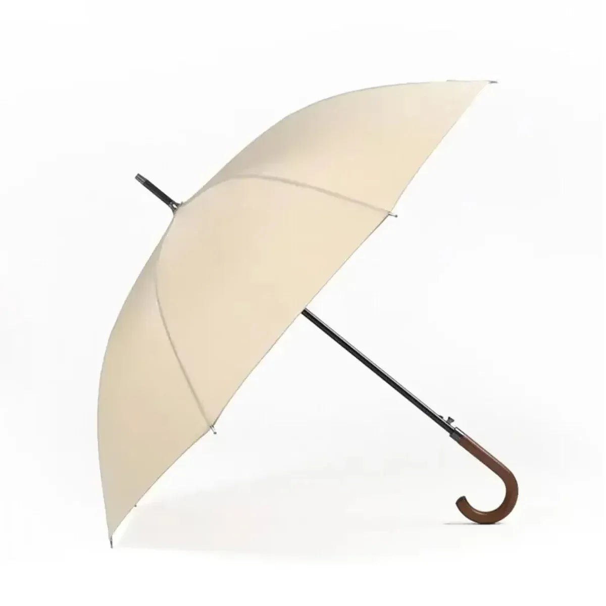 The classic stick umbrella with a solid wooden crook handle, shown in an elegant beige-cream color.
