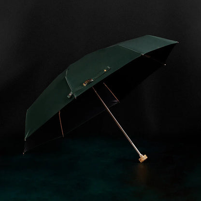 Full view of the open green compact luxury mini umbrella with its crystal handle.