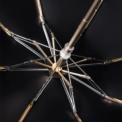 View from underneath the open canopy showing the golden aluminum frame structure.