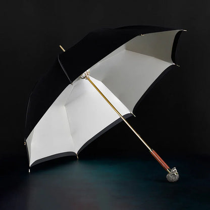 Full profile view of the open black Diamond Skull stick umbrella, showing the white interior lining.