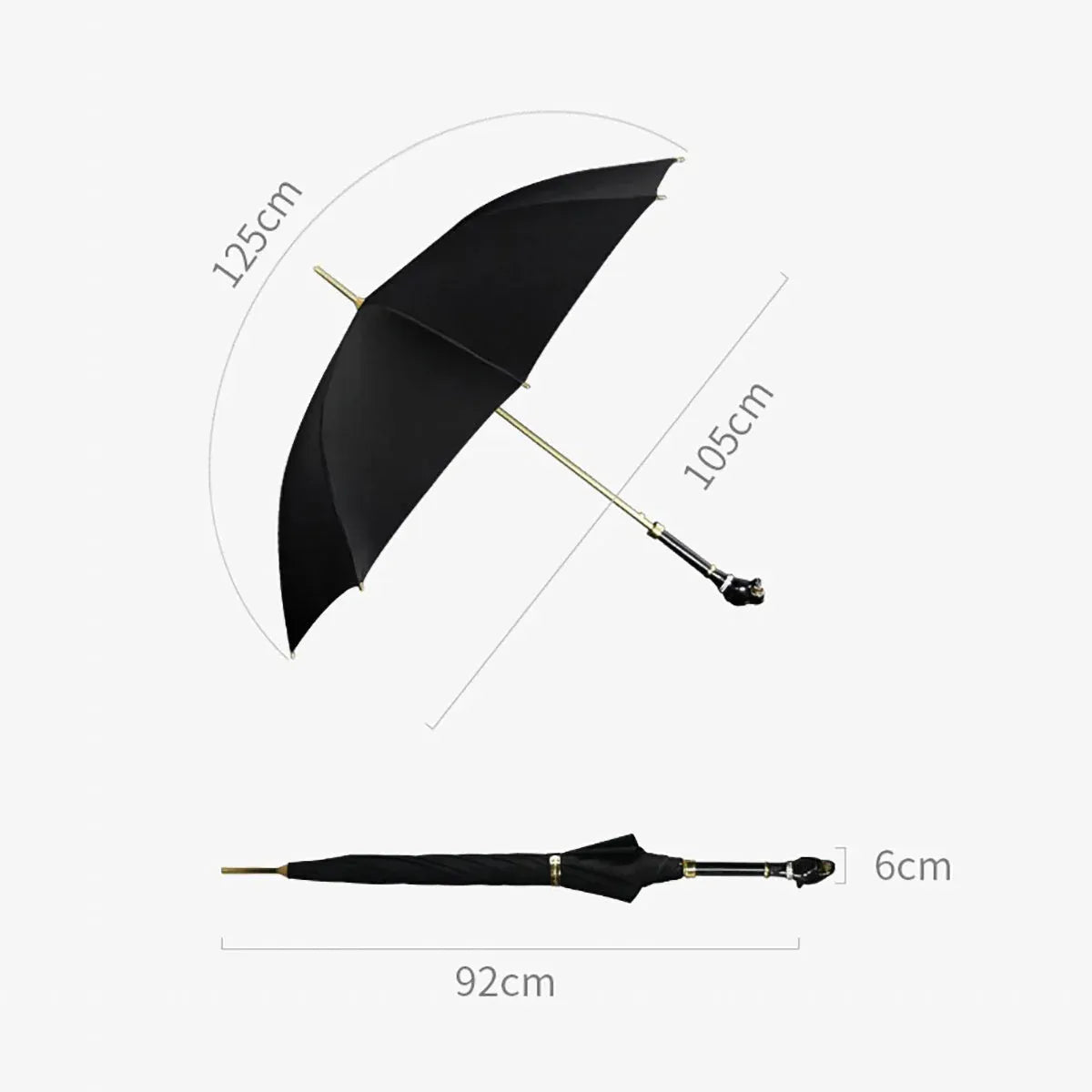 A size guide showing the dimensions of the elegant black umbrella: 105cm open diameter and 92cm length.