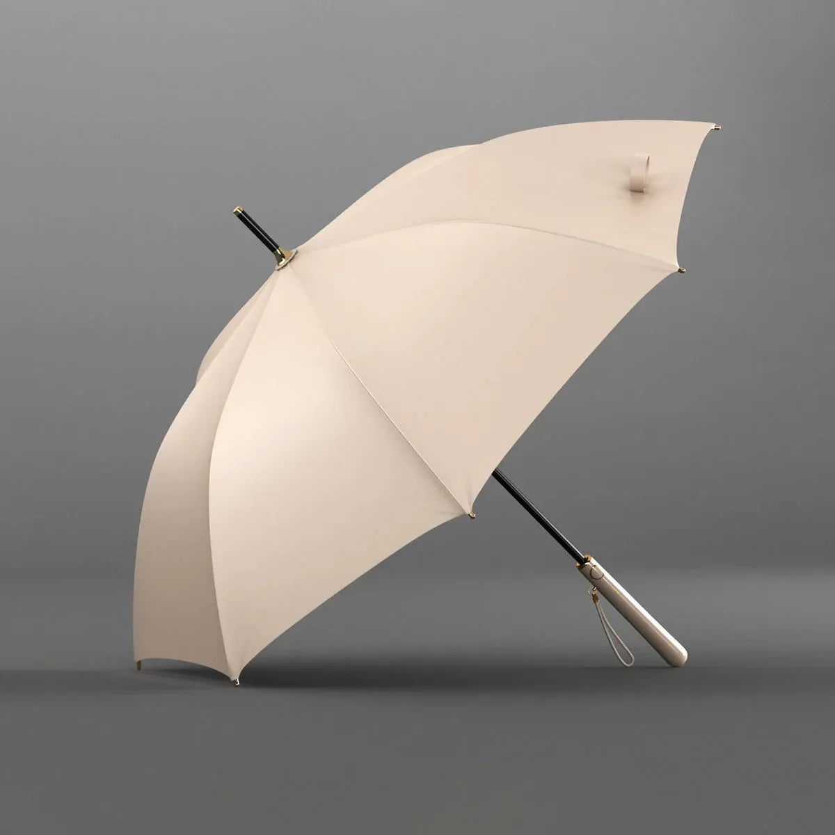 Angled profile view of the open beige elegant long handle umbrella.