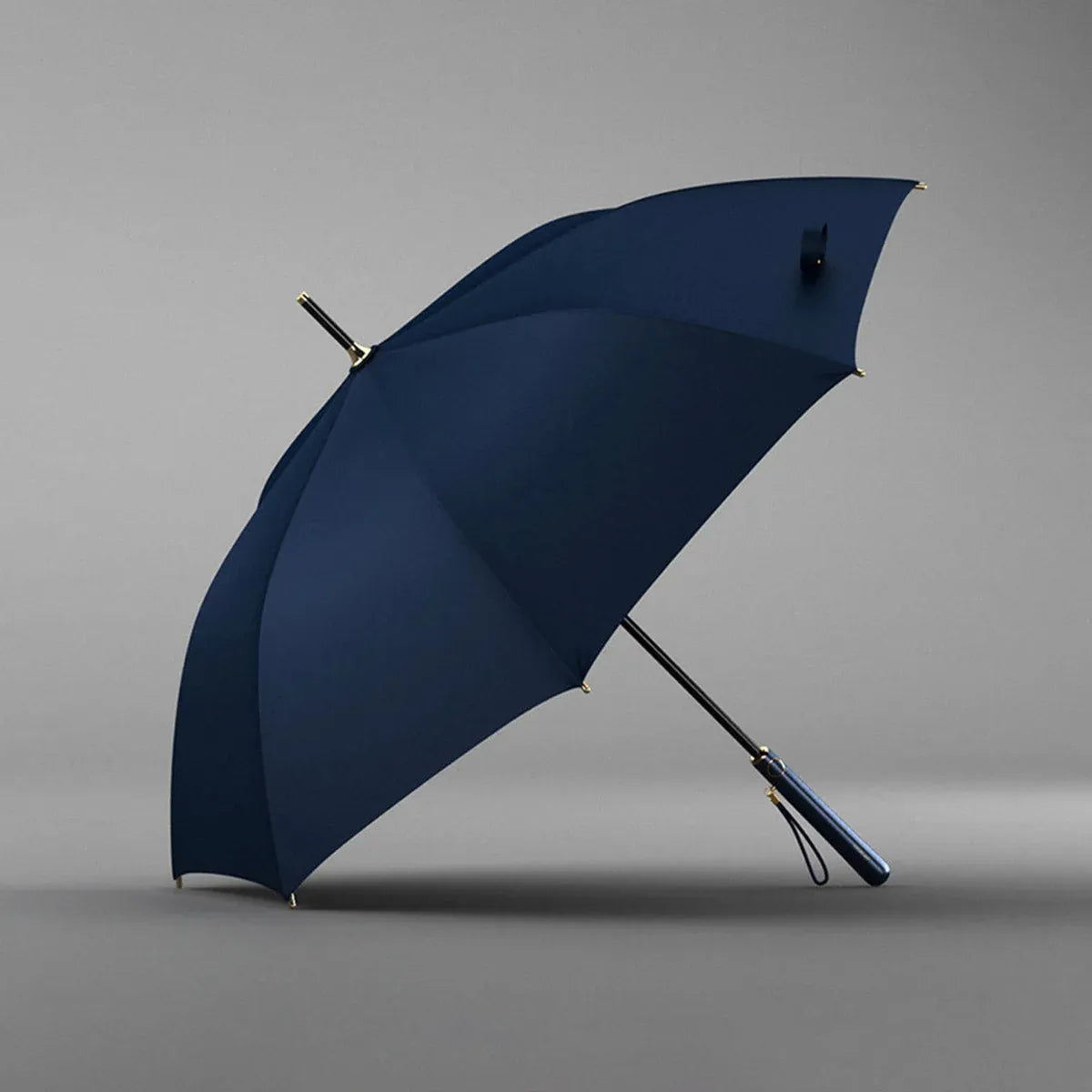 Angled profile view of the open navy blue elegant long handle umbrella.