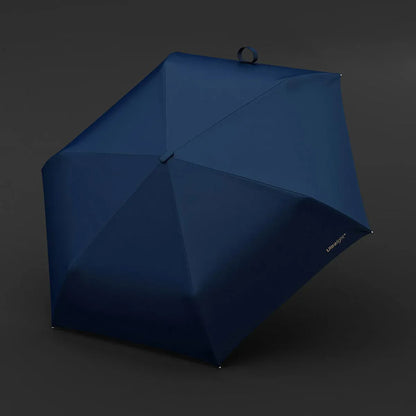 Top-down view of the open navy blue canopy on the elegant automatic travel umbrella.