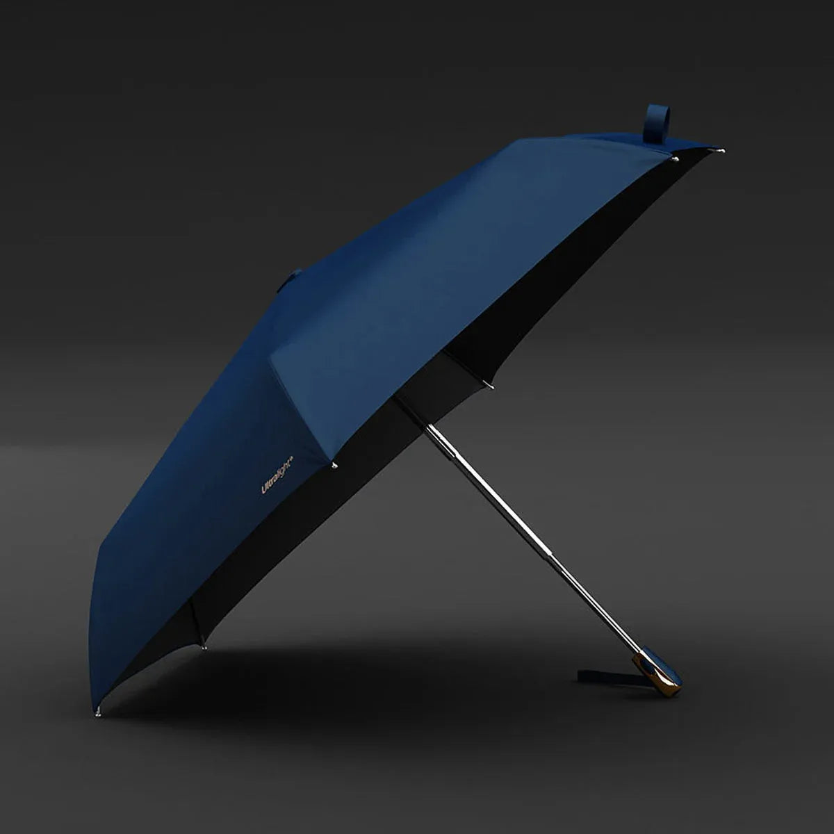 The lightweight elegant travel umbrella for women shown open in navy blue against a dark background.