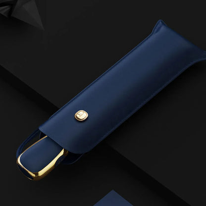 The elegant automatic travel umbrella for women in navy blue, shown closed in its matching sleeve.