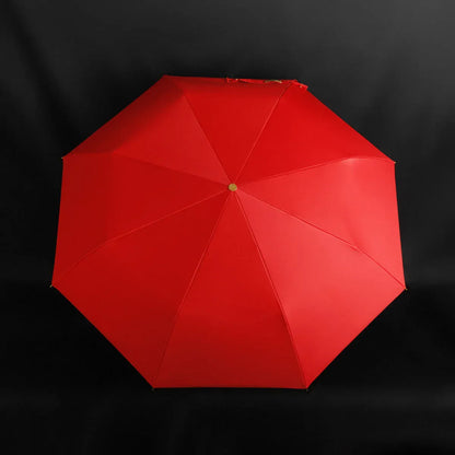 Top-down view of the vibrant red open canopy of the scorpion handle umbrella.