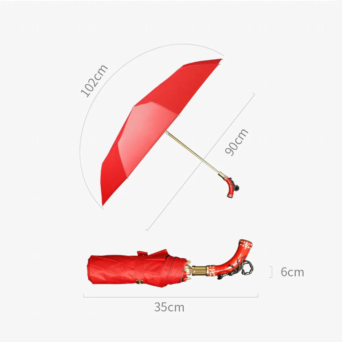 A size guide showing the dimensions of the fancy red scorpion umbrella: 90cm open diameter and 35cm closed length.