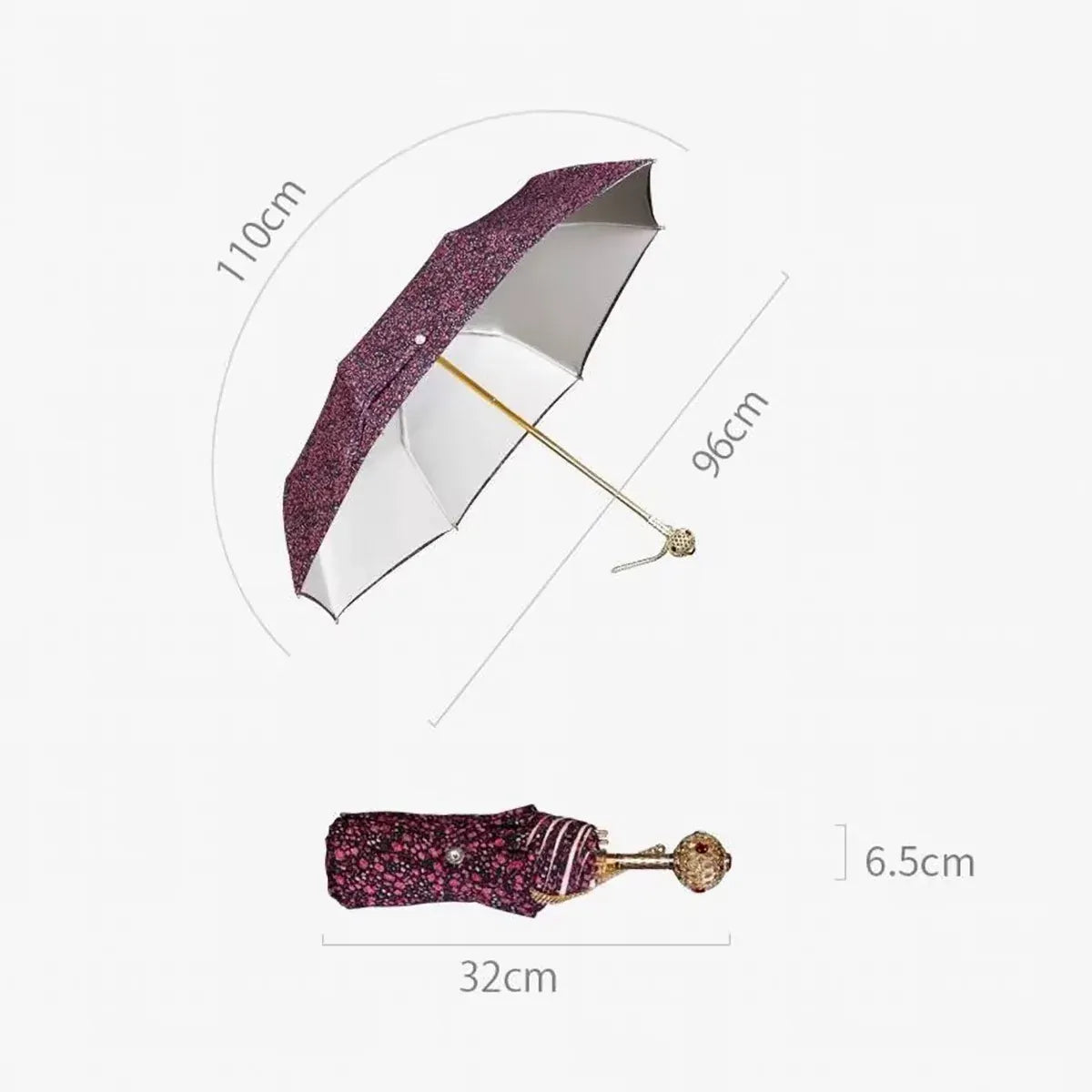 A size guide showing the dimensions of the flower folding umbrella: 96cm open diameter and 32cm closed length.