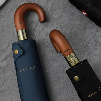 Detail shot comparing the protective sleeves for the navy blue and black foldable umbrellas.