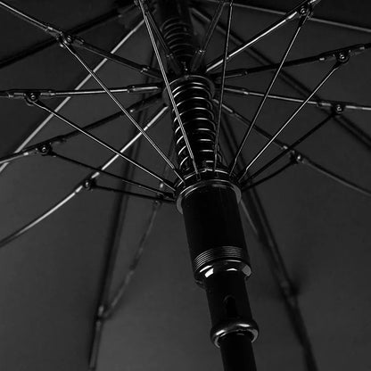 View from underneath the canopy showing the robust 12-rib fiberglass frame and spring mechanism.